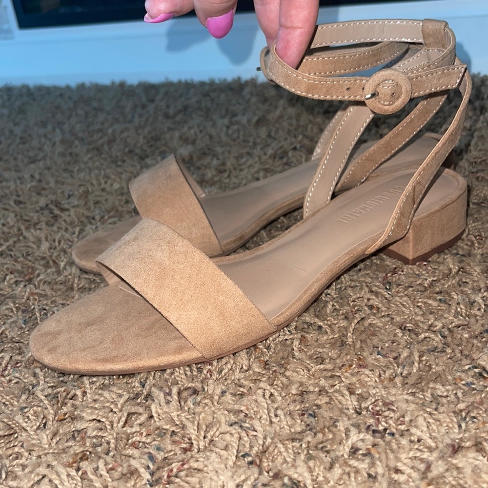 Taupe block heel suede sandal, wide width